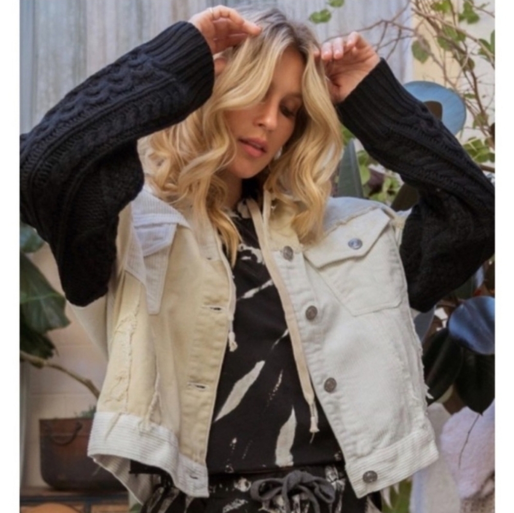 POL Patchwork Denim, Corduroy Jacket with Knit Sl… - image 2